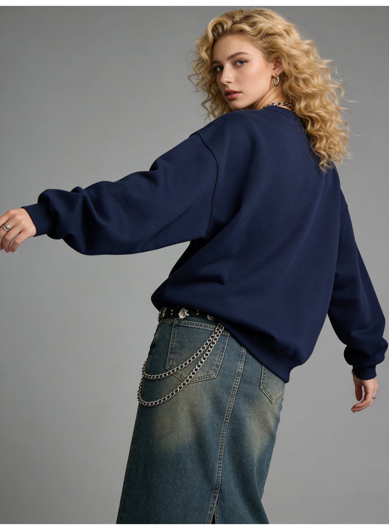 بيإم إنس BM INS Navy Blue "FREE YOUR MIND" Deconstructed Letter Oversized Crew Neck Sweatshirt | Unisex Streetwear Pullover With Slogan Print - Image 4